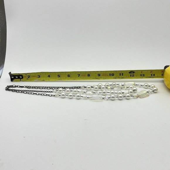 Double Strand Faux Pearl & Aurora Borealis Crystal Beads on Antiqued Chain 28" - Picture 4 of 4